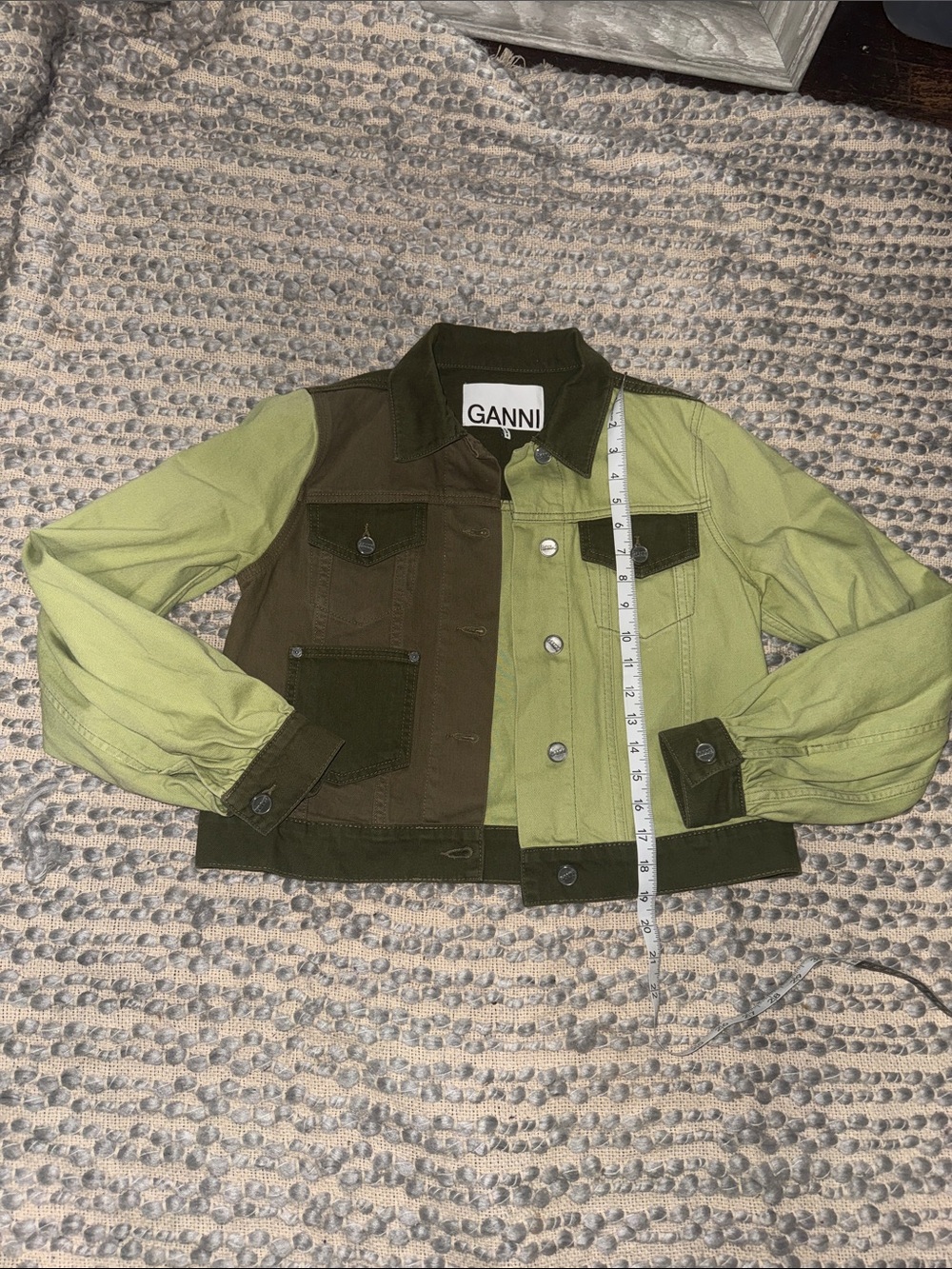 Ganni Two-Tone Olive and Lime Green Jean Jacket - Picture 3 of 11